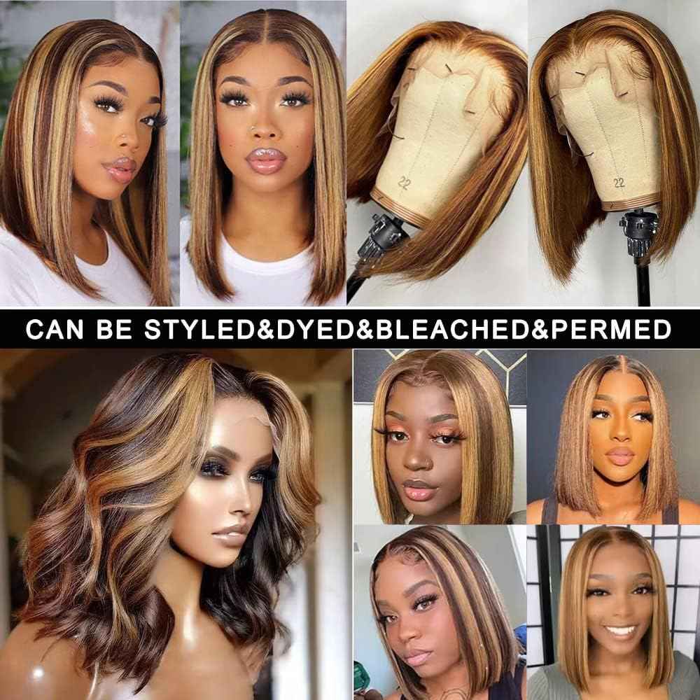 4/27 Highlight Bob Wig Human Hair Straight 13X4 Highlight Bob Lace Front Wigs Human Hair Wear and Go Glueless Wig Pre Plucked 14 Inch Ombre Brown Honey Blonde Hd Lace Frontal Wigs For Black Women