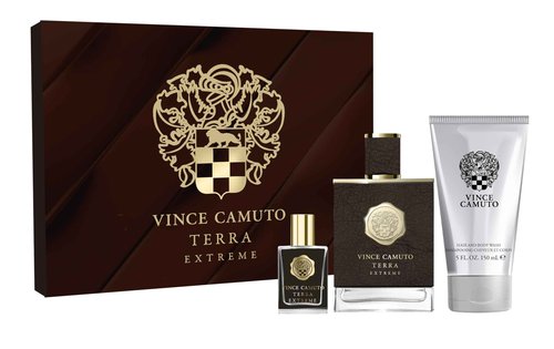 Vince Camuto Terra Extreme 3 PC Men's Gift Set, Warm, Woody Oriental Fragrance, Christmas Gift for Him, Includes Eau de Toilette 3.4 Fl Oz + Travel Size Mini 0.5 Fl Oz + 5 Fl Oz Hair & Body Wash
