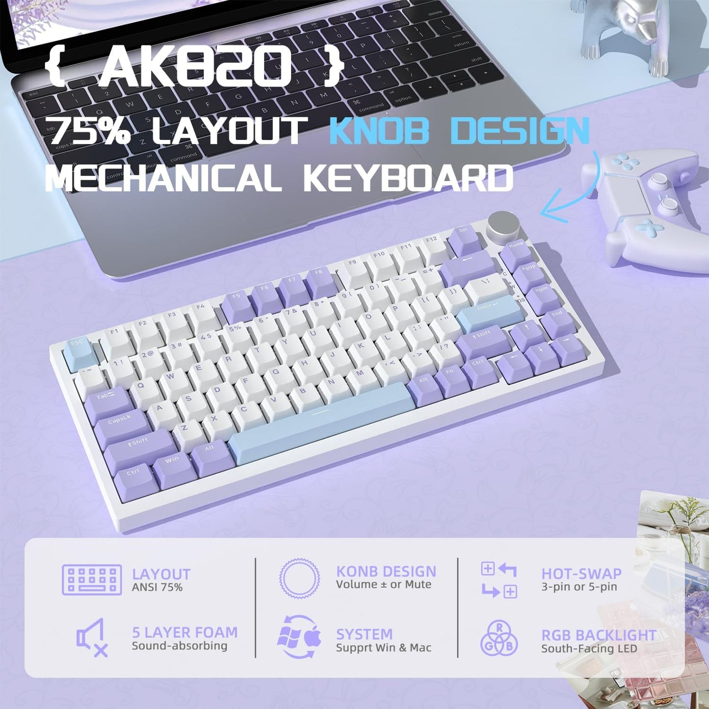 Attack Shark ajazz AK820 Pro 75% Mechanical Keyboard and Coiled Cable Hot Swappable Wireless 2.4GHz/Bluetooth/Wired TFT Screen & Knob Flying Fish Switch RGB Gasket Mount Custom Keyboard-Black