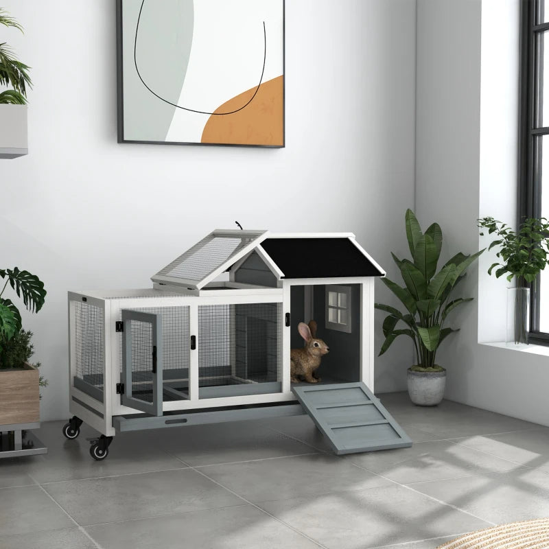 Wooden Rabbit Hutch with Wheels and Run - Small Animal Cage with Slide-Out Tray