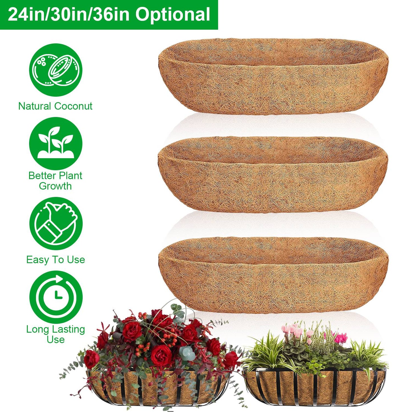 3 Pack Coconut Coir Planter Liners for Window Boxes & Hanging Baskets
