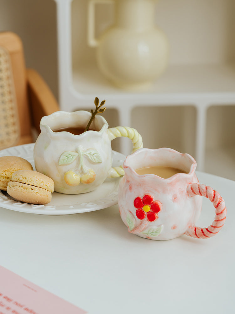 Hand Painted Embossed Flower Ceramic Mug with Large Capacity
