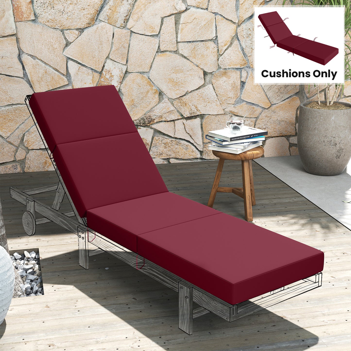 Outdoor Lounge Chair Cushion - 4" Thick, Weather-Resistant, Red, 21" x 72"