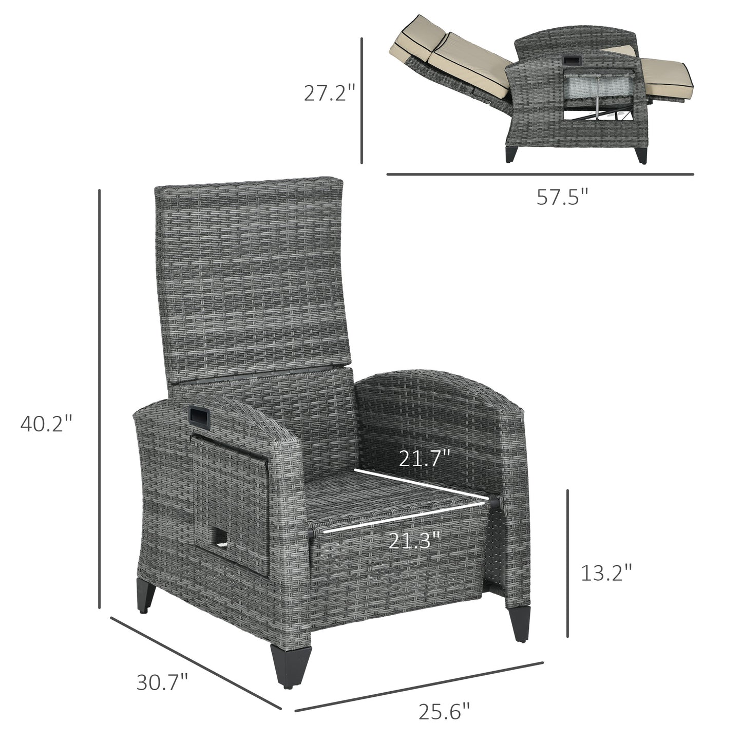 Outdoor Recliner Chair with Cushions and Tray Table - Khaki