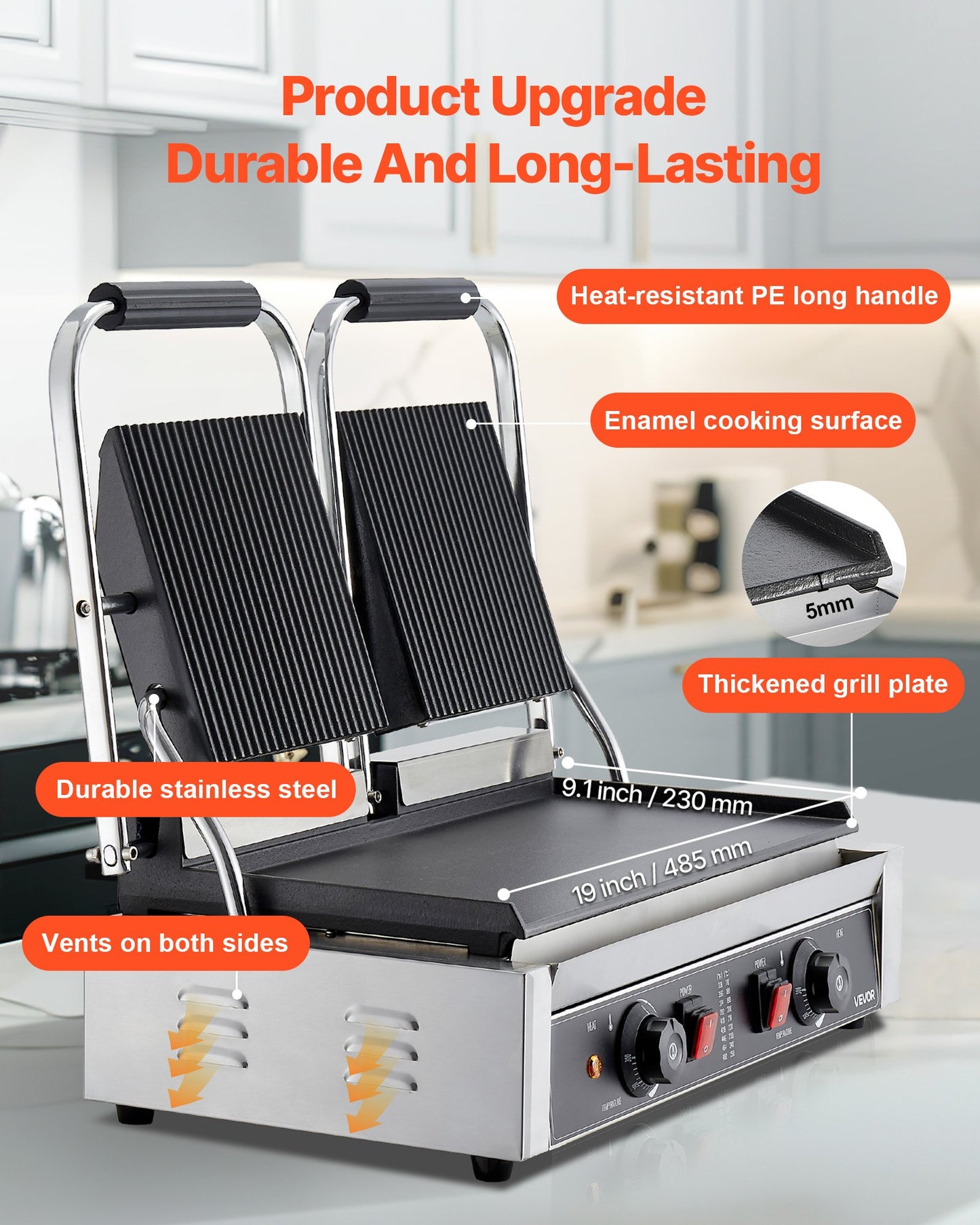 Commercial Electric Panini Press Grill with 19x9 Inch Non-Stick Plate
