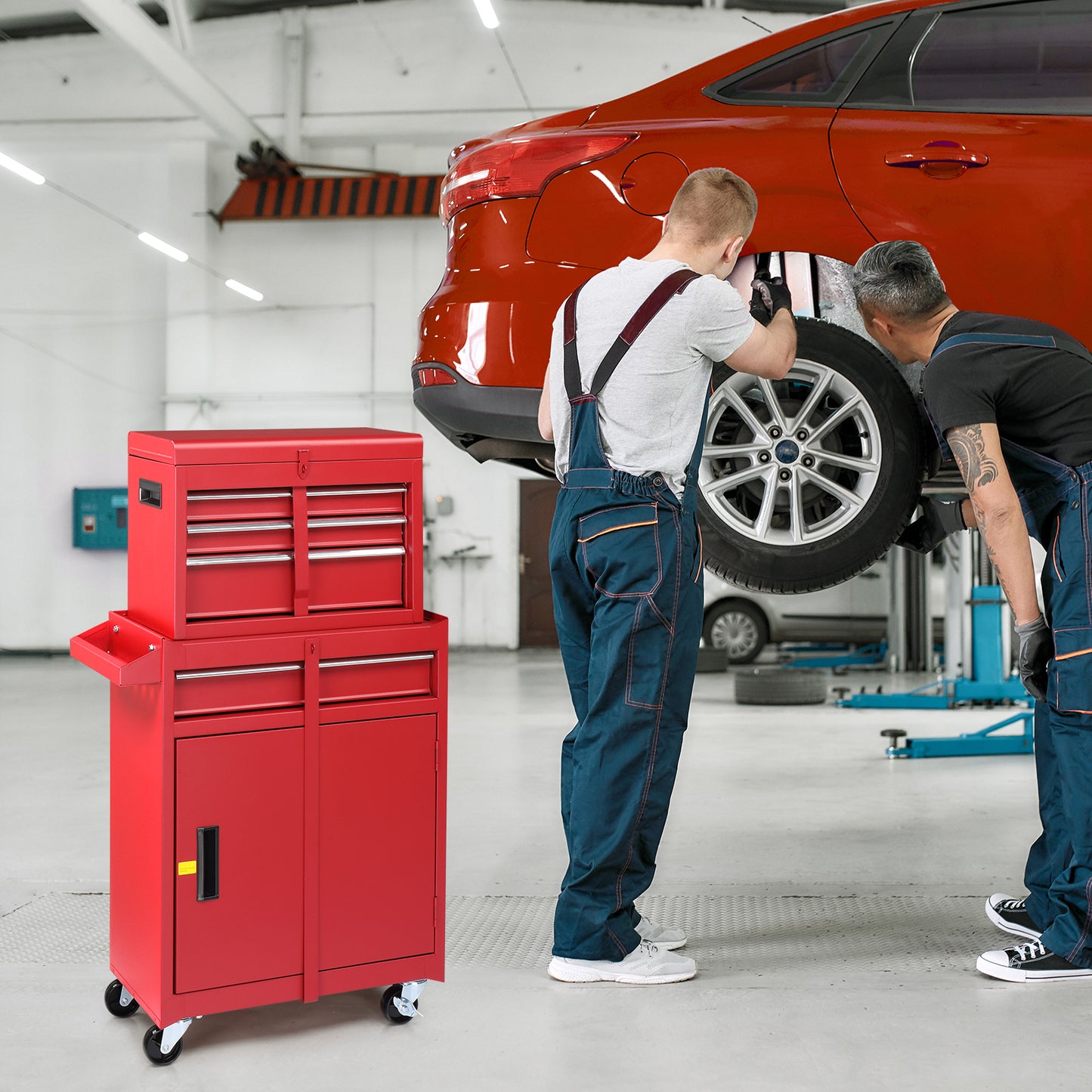 4-Drawer Steel Tool Cabinet with Lock - Heavy Duty Service Cart in Red