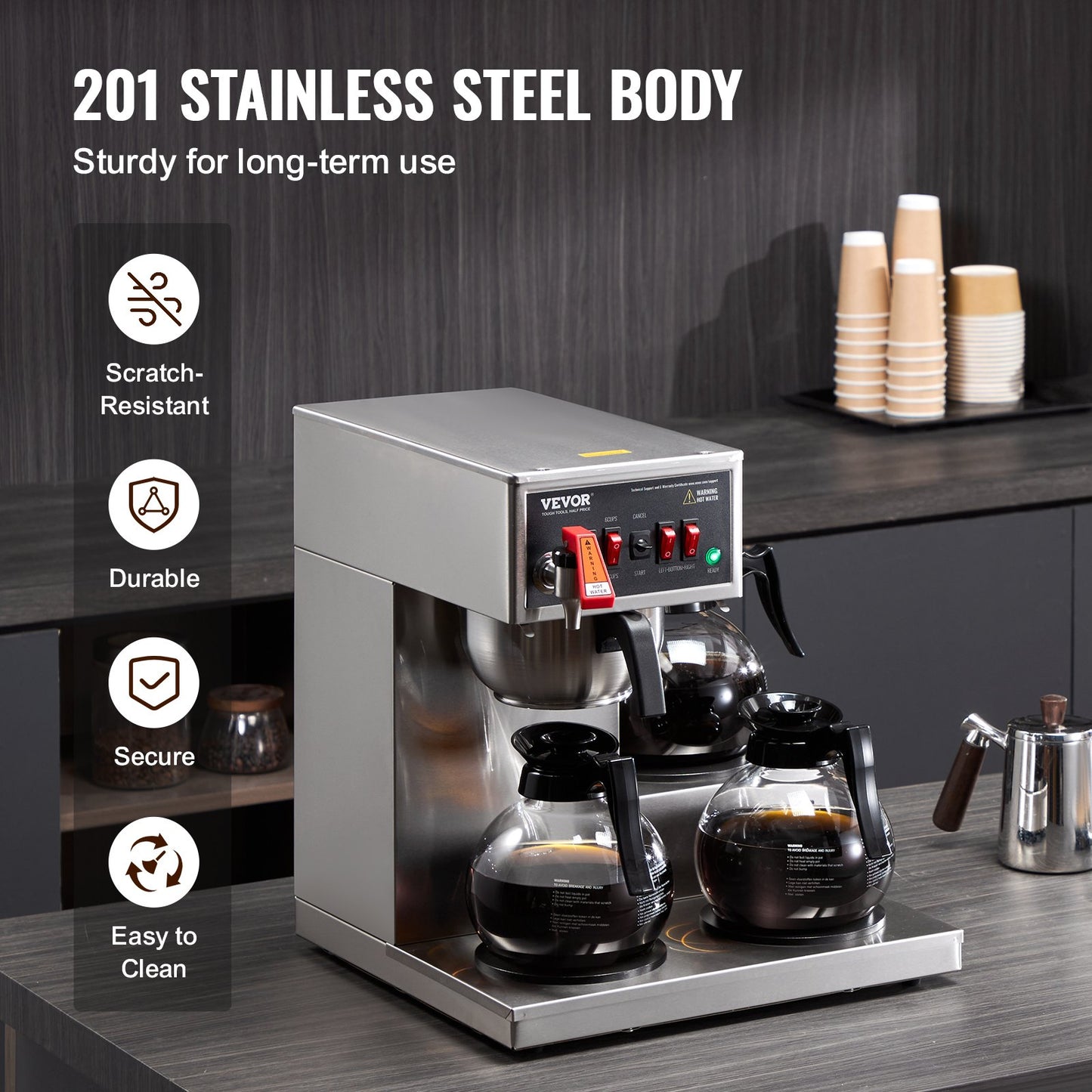 12-Cup Commercial Drip Coffee Maker with 3 Glass Carafes and Warmers - Silver