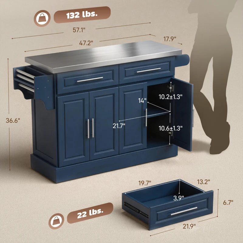 Rolling Kitchen Island with Stainless Steel Top - Navy Blue