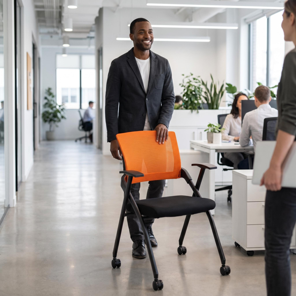 Stackable Folding Office Chair with Wheels - Ergonomic Padded Seat, 350lbs Capacity, Orange