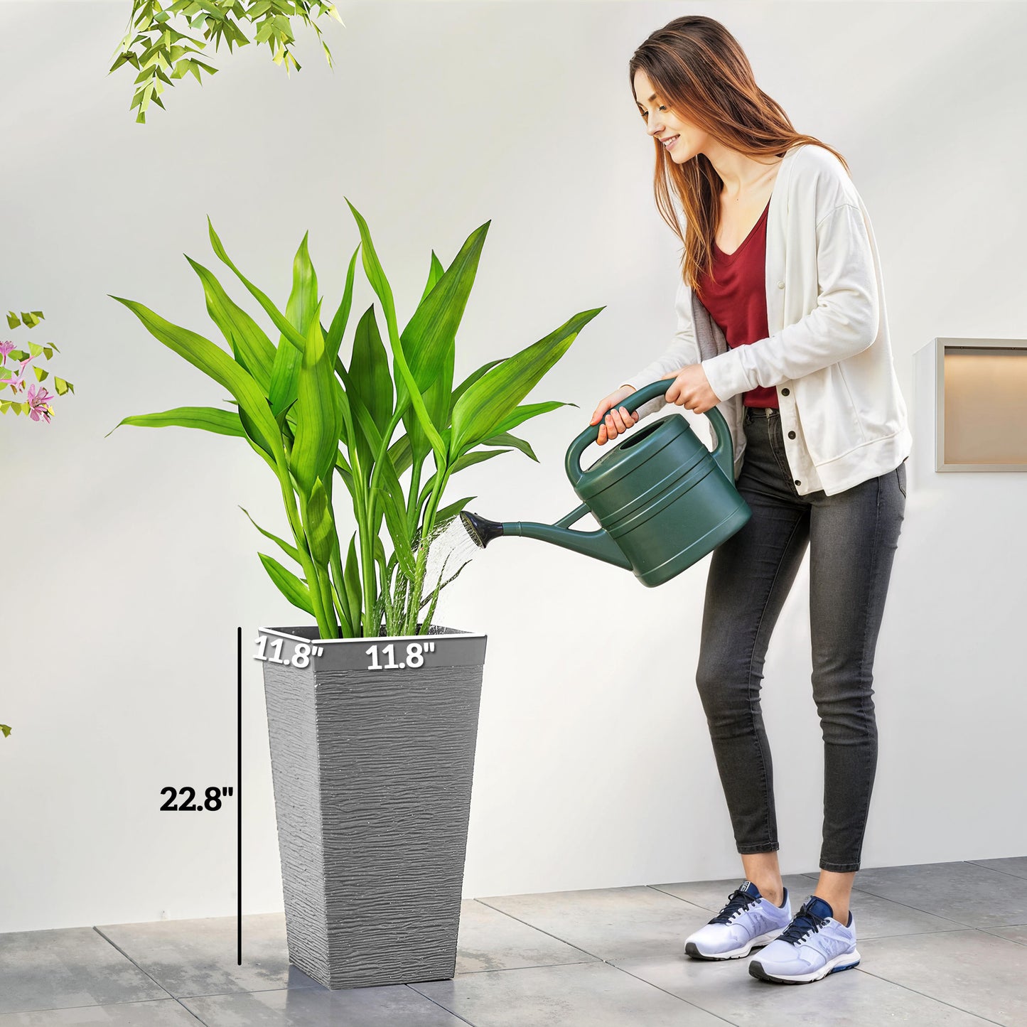 Outdoor Plant Pots Set of 3 with Wheels - 22.8 Inch Tapered Planters, Stone Finish, Drainage Holes, Gray