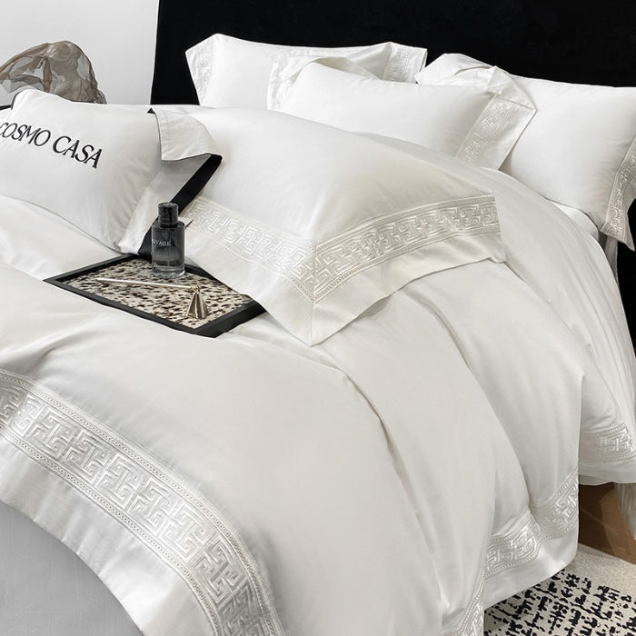 Double-Ply Cotton Bedding Set with Embroidered Geometric Pattern - Four Pieces