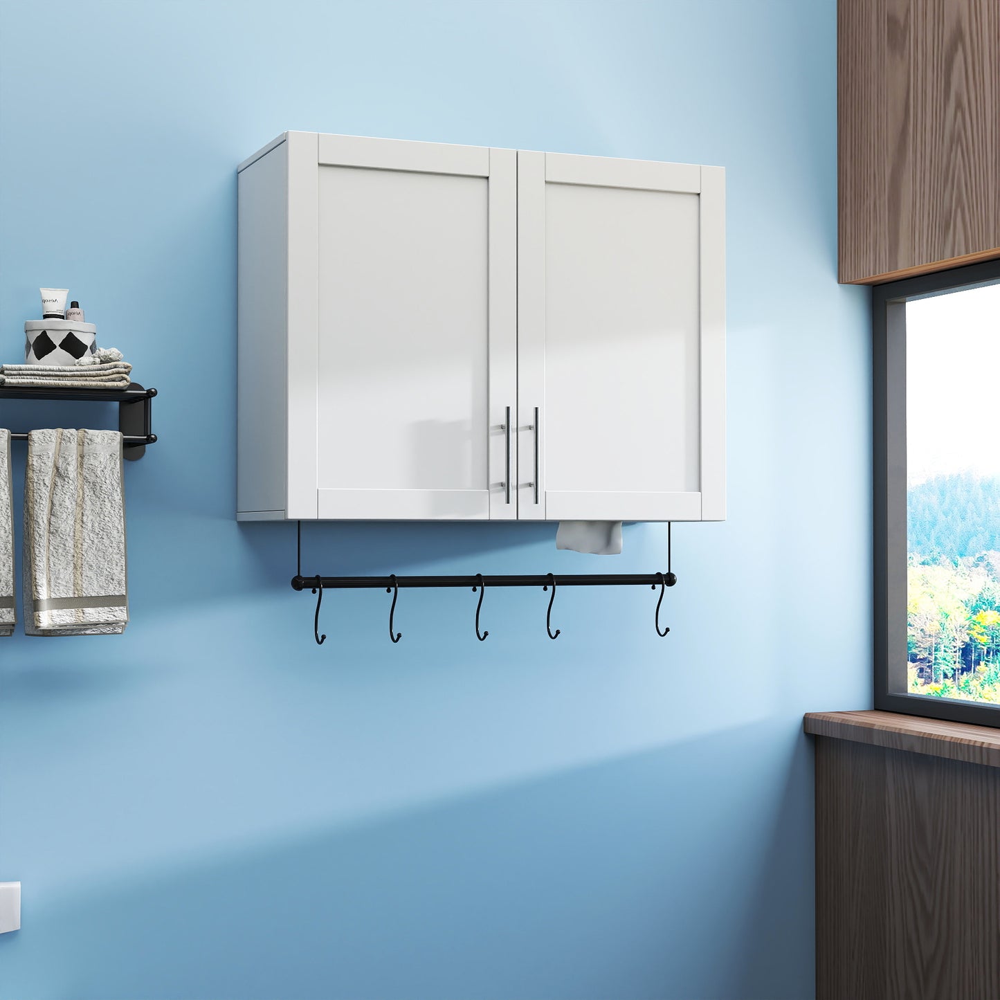 Over The Toilet Bathroom Wall Cabinet with Adjustable Shelf, Towel Bar & 5 Hooks - White