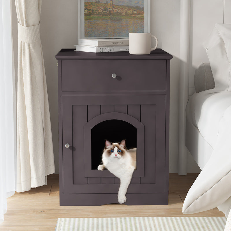 Black Wooden Cat Litter Box Enclosure with Drawer & Side Table - Indoor Pet Nightstand