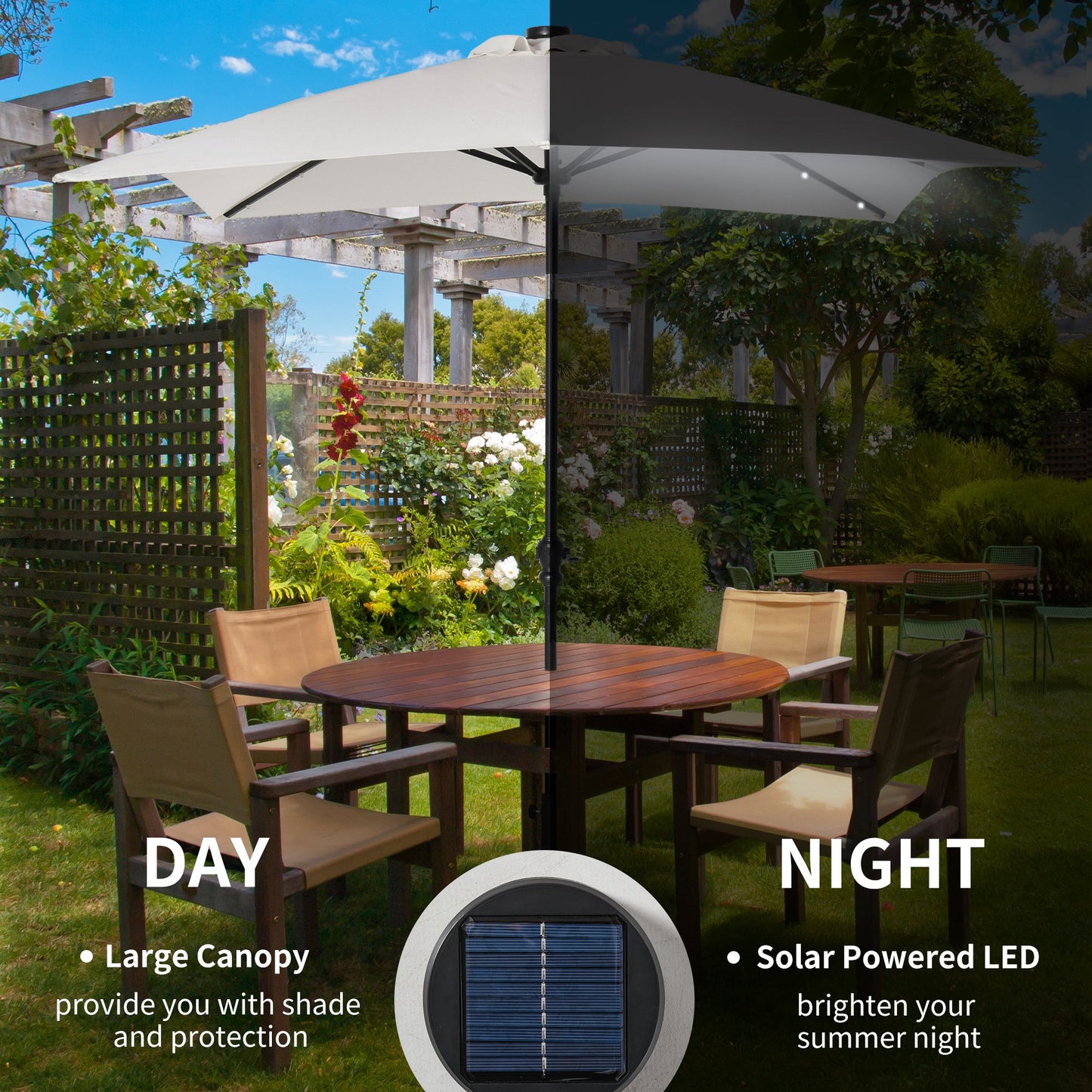 9x7 Ft Patio Umbrella with Crank and Solar LED Lights - White