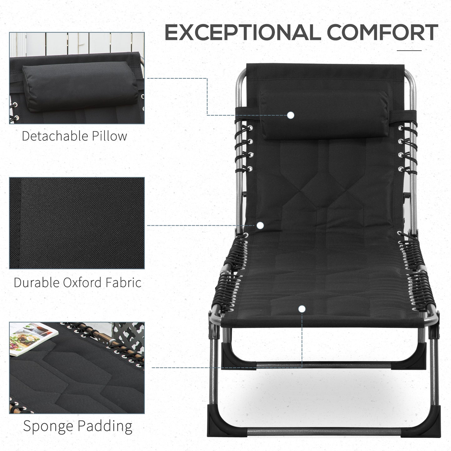 Padded Folding Chaise Lounge Chair - 6-Level Reclining Black