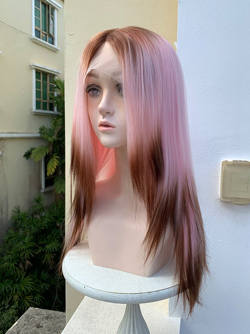Pink Gradient Brown Split Wig for Women - High Temp Silk Synthetic Hair