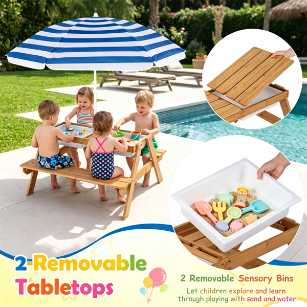Kids 3-in-1 Picnic Table with Adjustable Umbrella & Storage Boxes - Outdoor Sand & Water Play Set