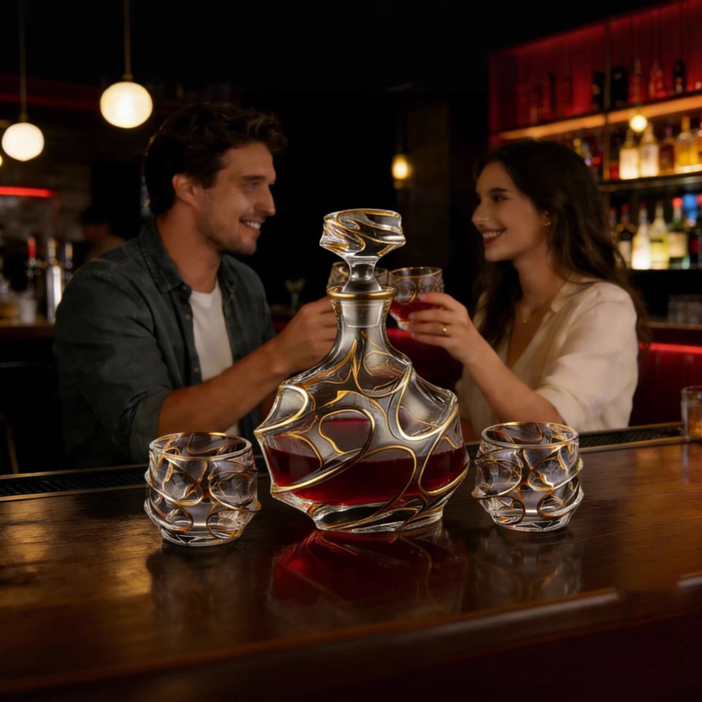 Crystal Whisky Glass Set - Home Bar Drinkware with Gilded Pattern