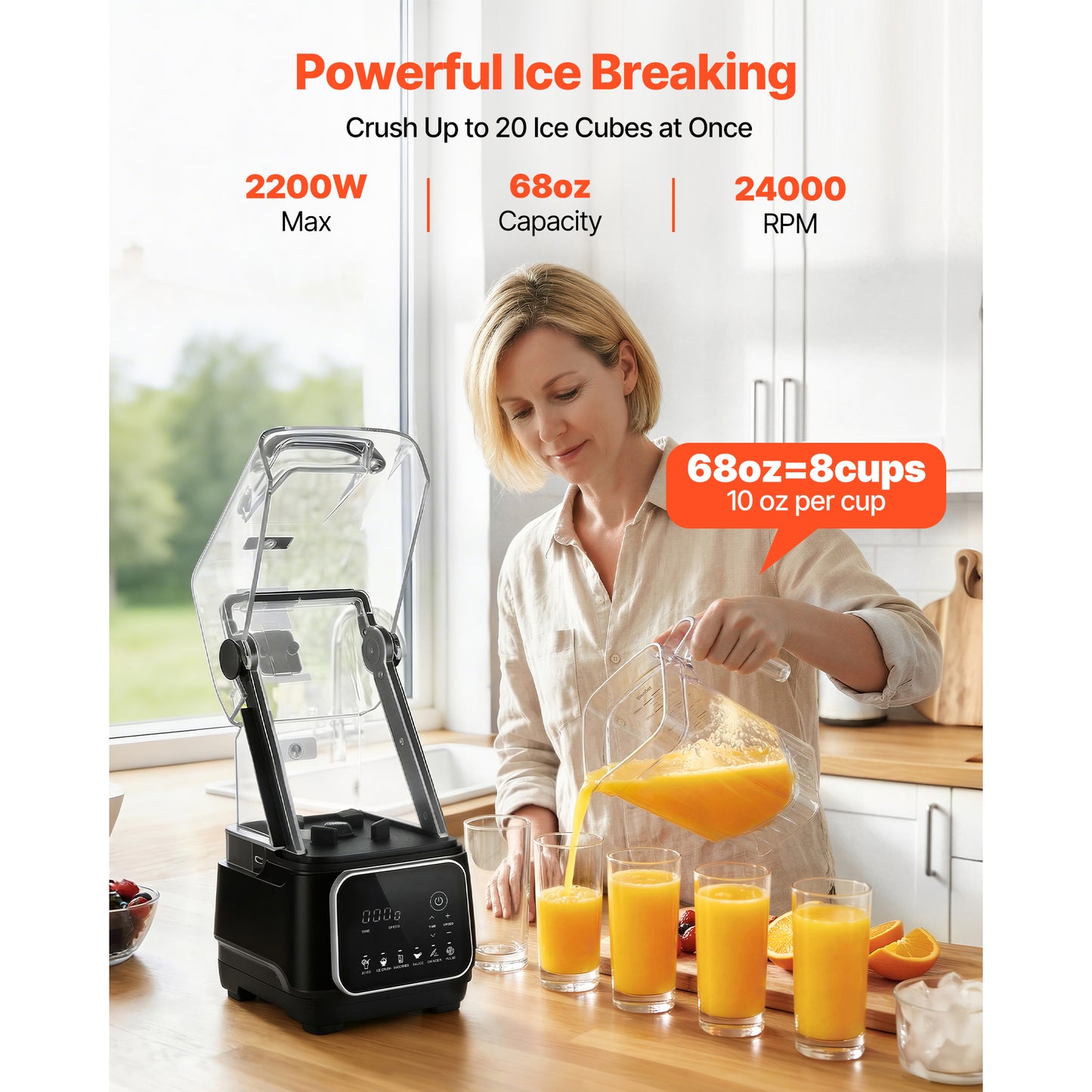 68 Oz Commercial Countertop Blender with 2200W Power, Self-Cleaning & Speed Controls