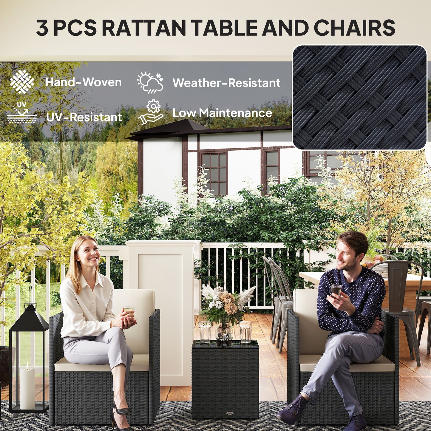 Folding Wicker Bistro Set - 3 Piece Outdoor Furniture with Cushions, Black
