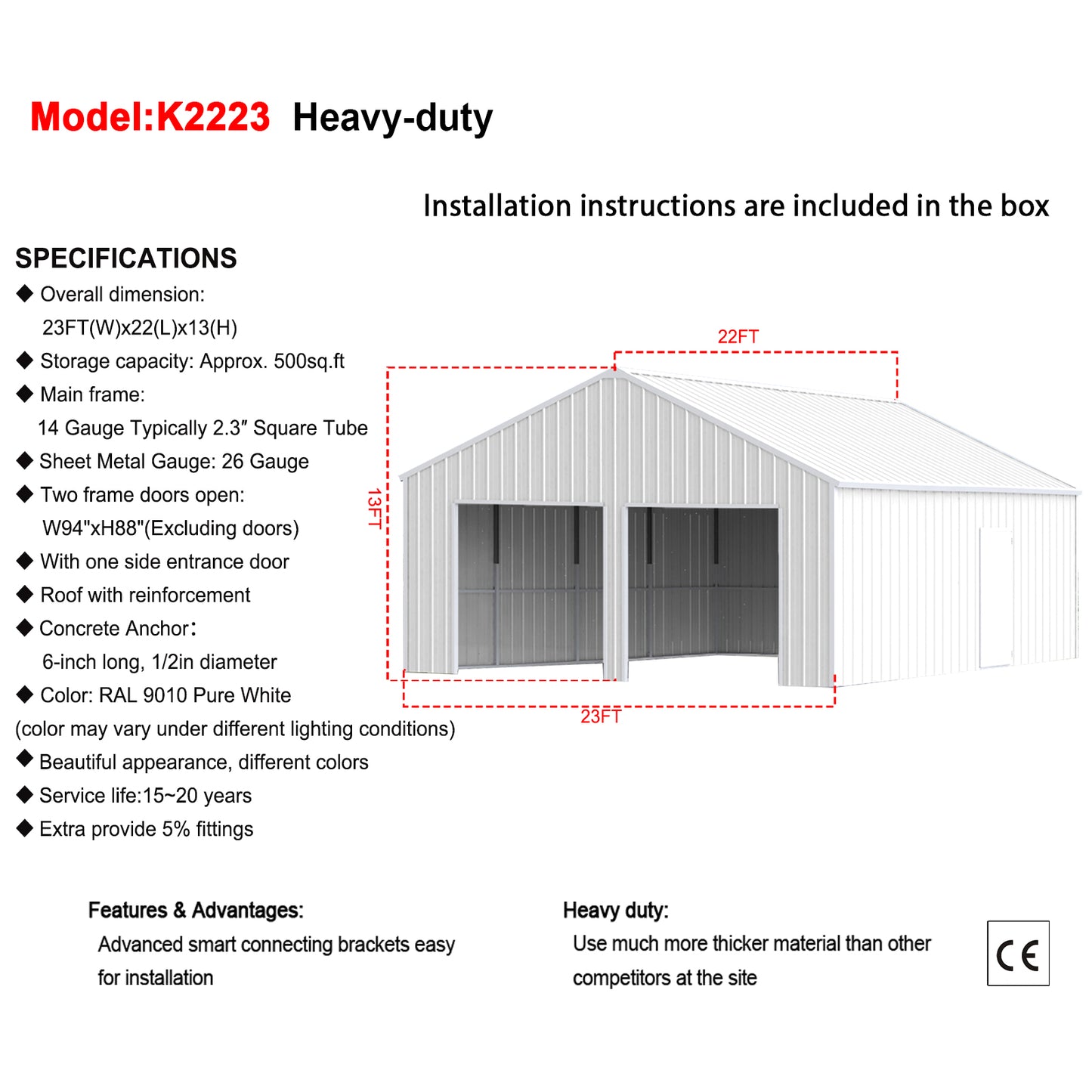 Double Garage Steel Barn Shed 22ft x 23ft Heavy Duty Metal Storage Building White