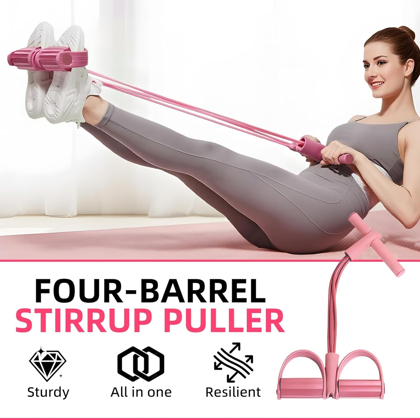 Multifunction Resistance Band - 4-Tube Elastic Pull Rope for Yoga & Strength Training - Pink