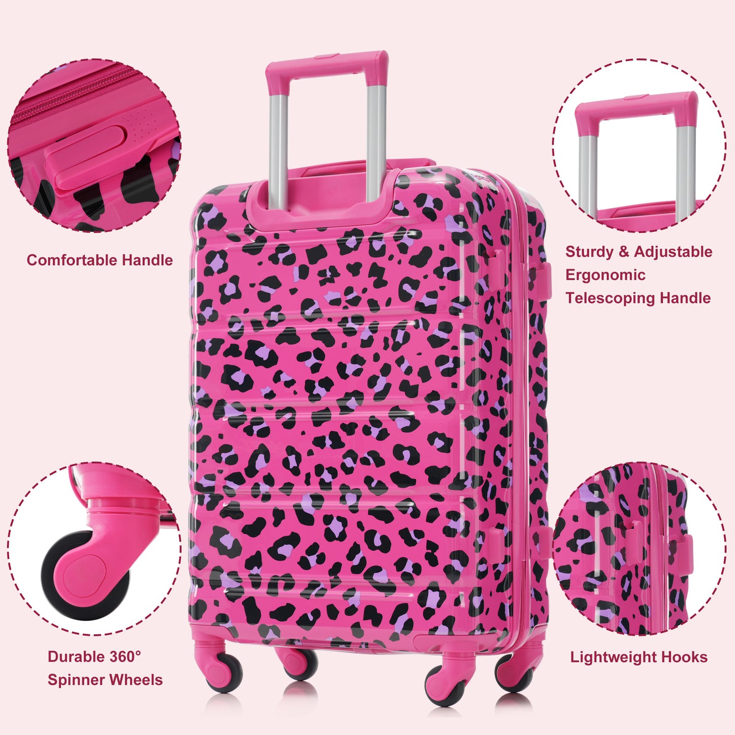 20-Inch Carry-On Luggage Set with USB Port - Fuchsia Leopard Print
