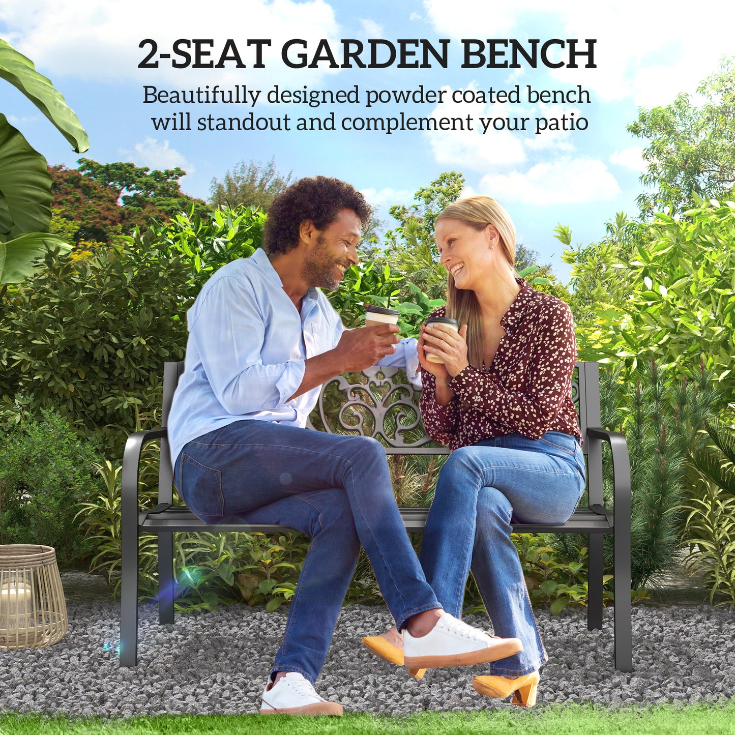 50" Floral Design Garden Patio Bench - Comfortable Black Steel
