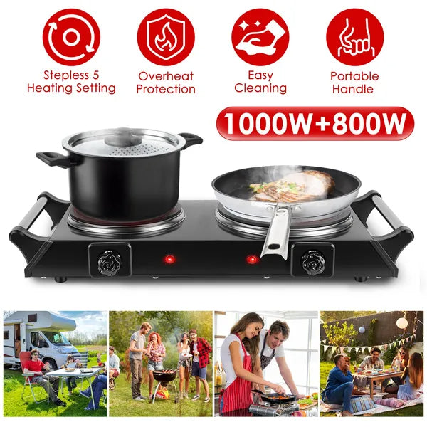 1800W Electric Double Burner Hot Plate with 5 Temperature Settings