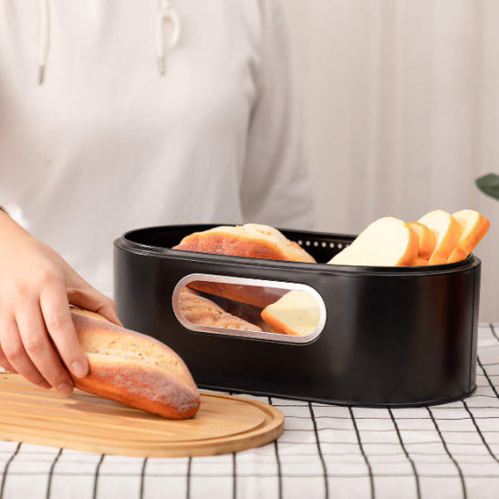 Black Metal and Bamboo Bread Box - Food Storage Organizer for Kitchen