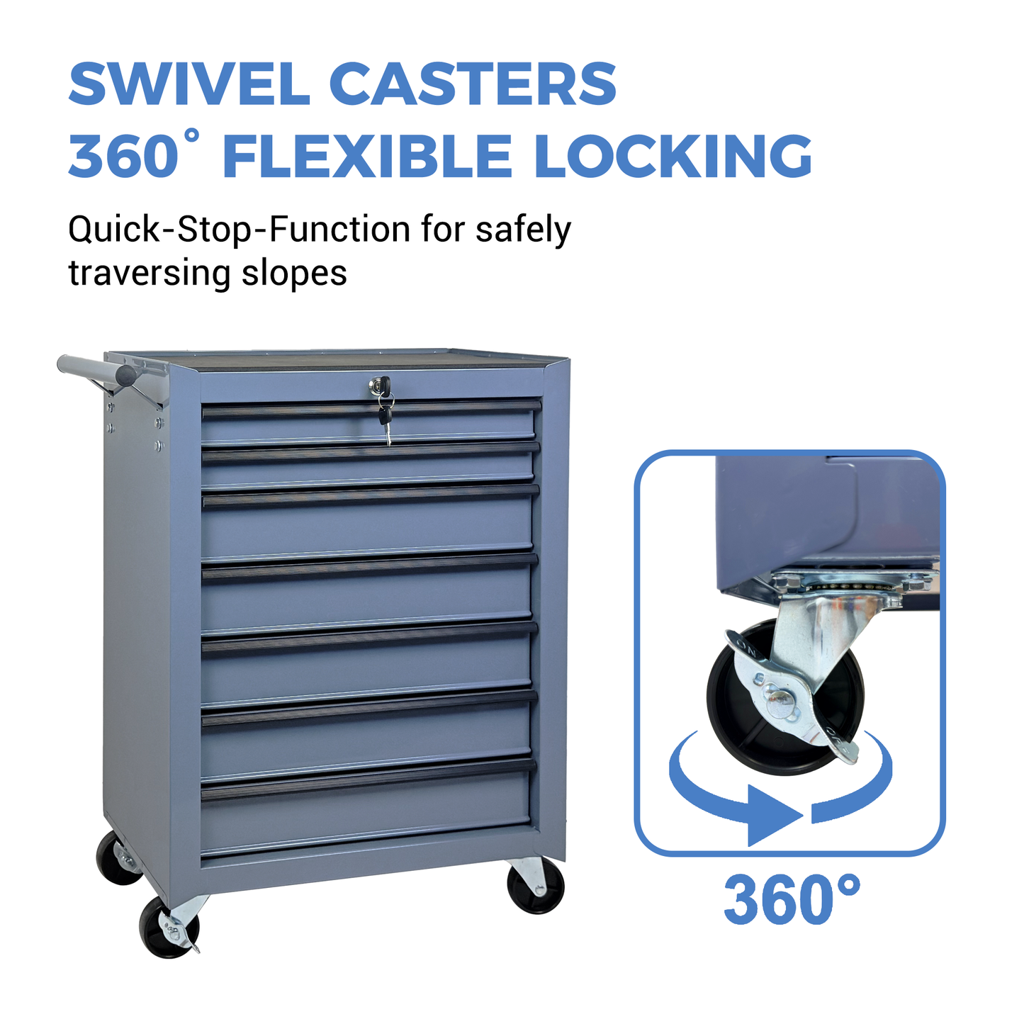 7-Drawer Rolling Tool Storage Cabinet with Detachable Top Box - Steel Garage Cart, Lockable Wheels, Adjustable Shelf, Titanium Cold Grey