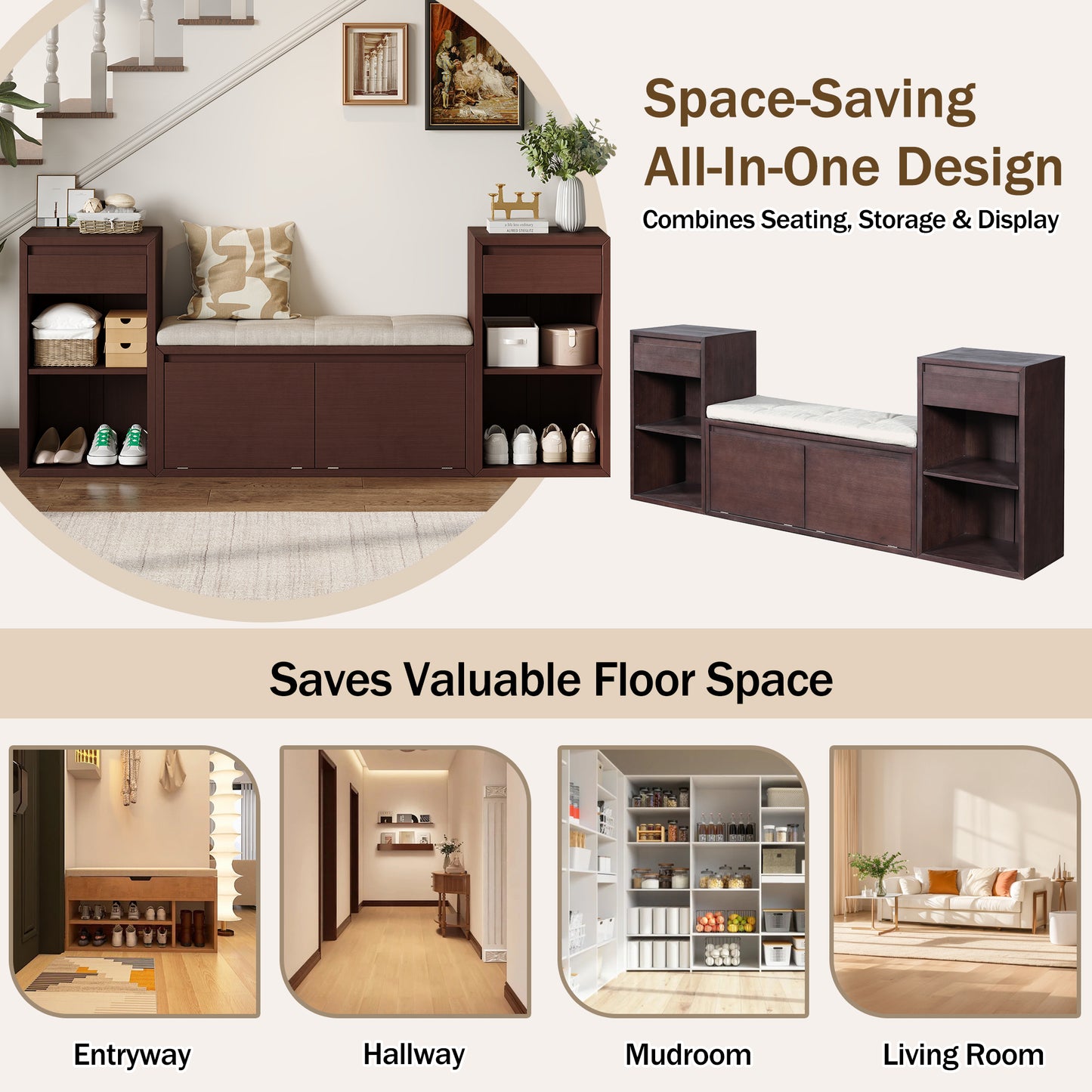 Storage Bench with Cushion - Entryway Organizer with Drawers & Open Shelves - Espresso