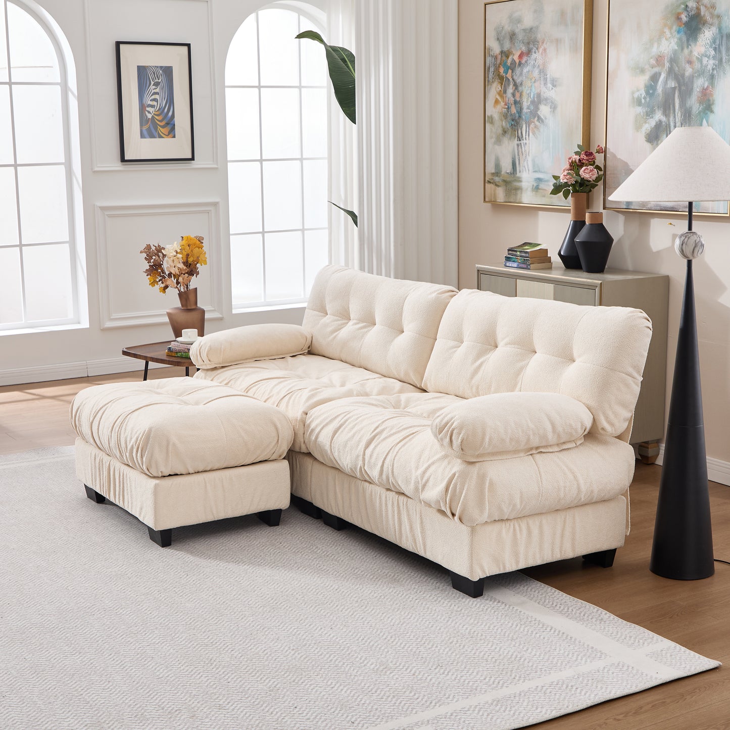 Modular Sectional Sofa Cloud Couch with Ottoman - Beige