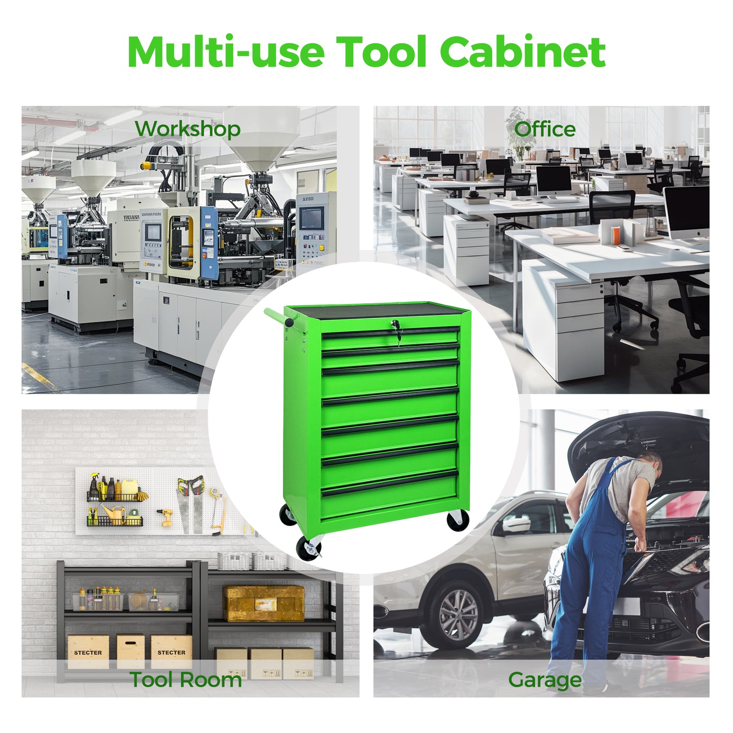 Green Metal Rolling Tool Chest with 7 Drawers - 20-Inch Storage Cabinet