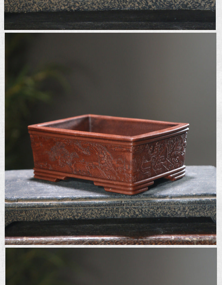 Rotating Rectangular Ceramic Flower Pot Set with Bamboo Basin - Classic Garden Decor