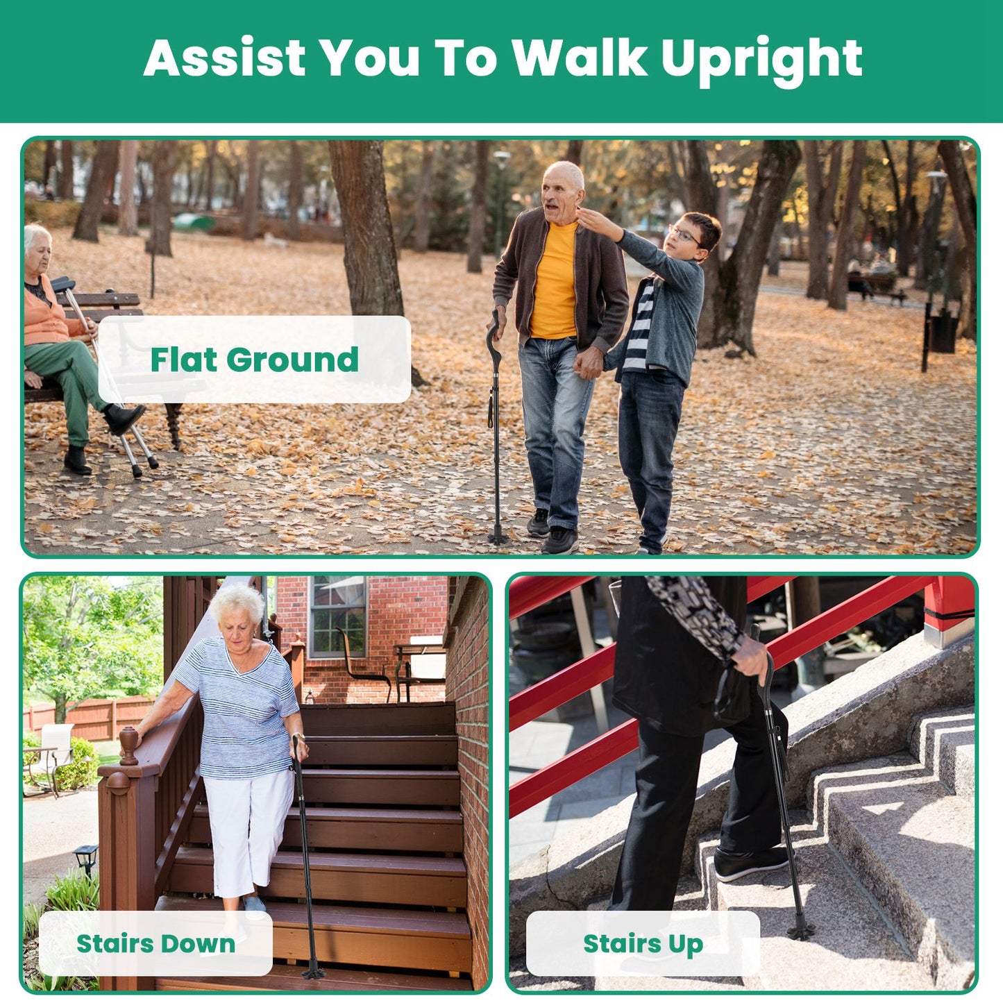 Collapsible Heavy Duty Walking Cane with 10 Adjustable Heights - Black