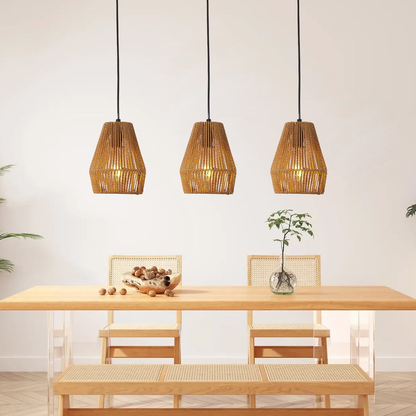 7-Inch Set of 3 Rustic Hemp Rope Pendant Lights - Farmhouse Ceiling Fixtures
