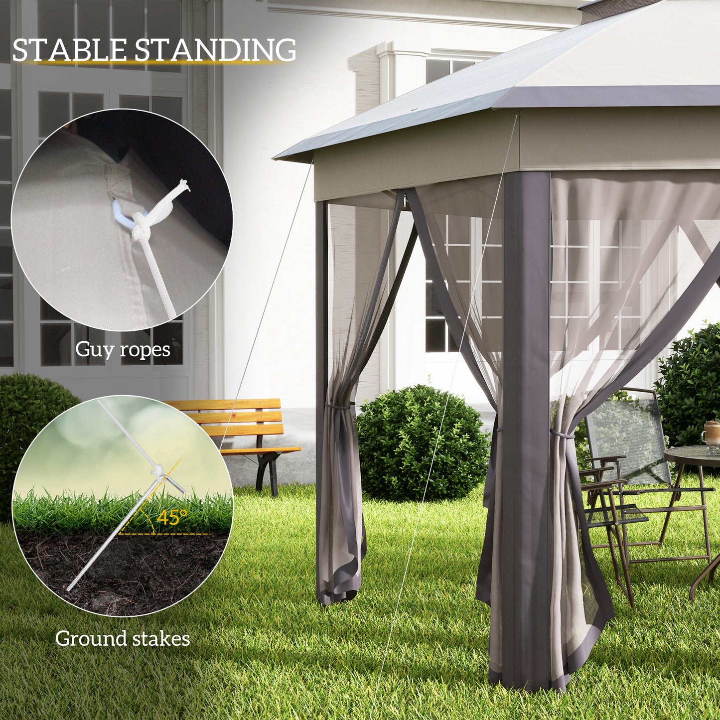13' Hexagonal Pop Up Gazebo Canopy with Mesh Sidewalls - Coffee, Beige