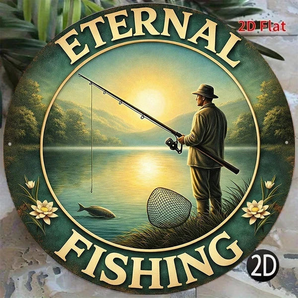 Retro Fishing 2D Flat Round Metal Sign - 8x8in Plaque