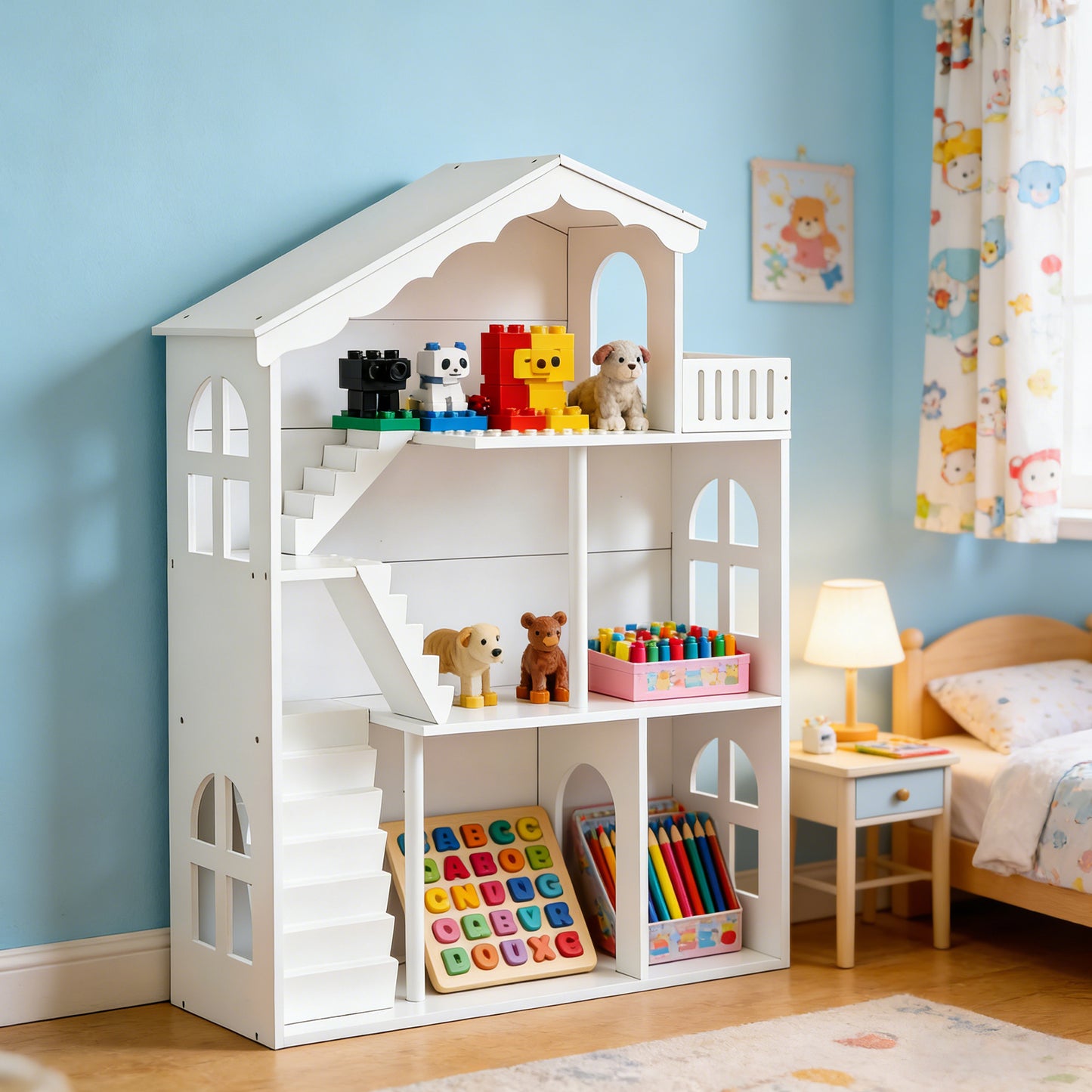 Kids Dollhouse Bookshelf 3 Tier Open Design Wooden Toy House Bookcase