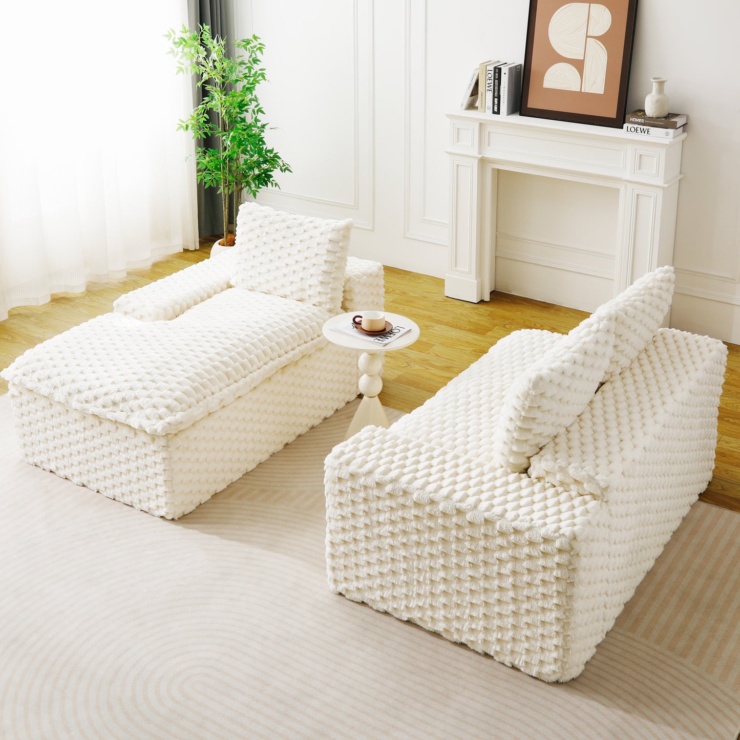 Convertible Twin-Seat Velvet Sofa with Left Chaise Lounge - White