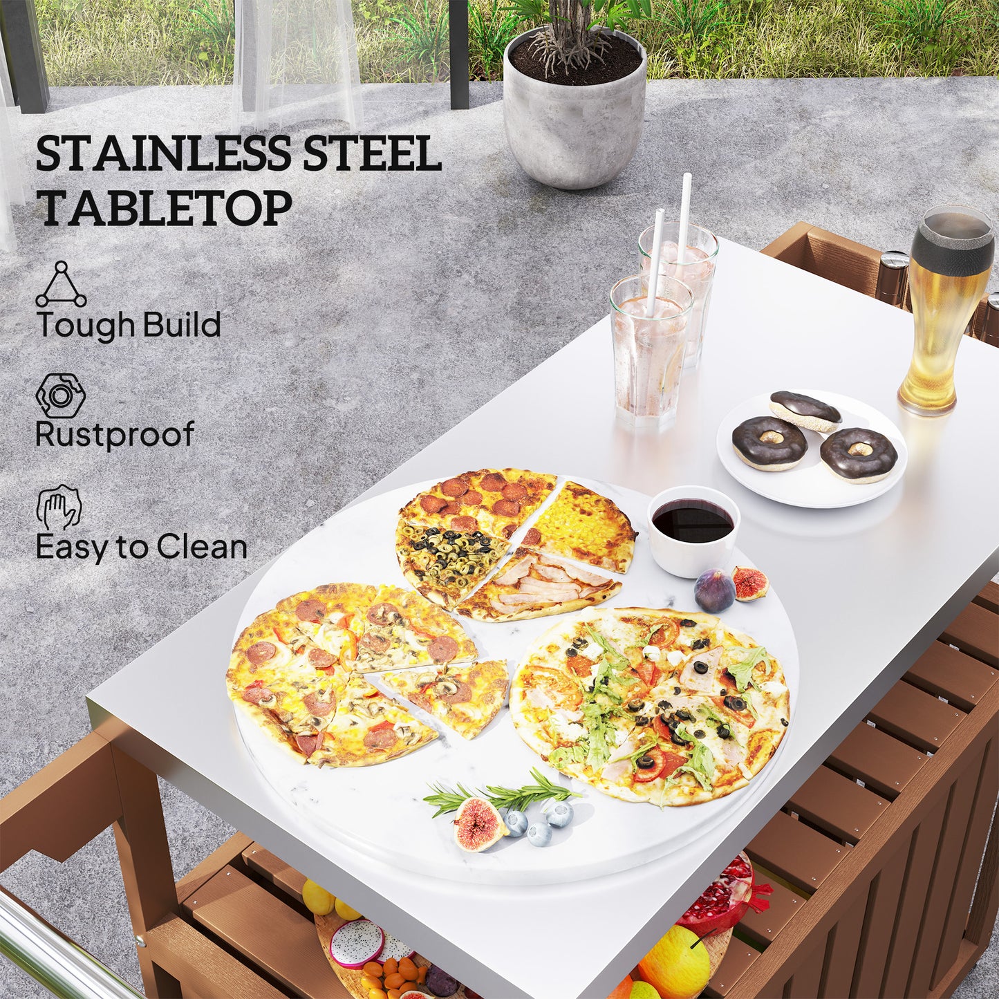 Outdoor Bar Cart with Stainless Steel Top & Storage - Brown