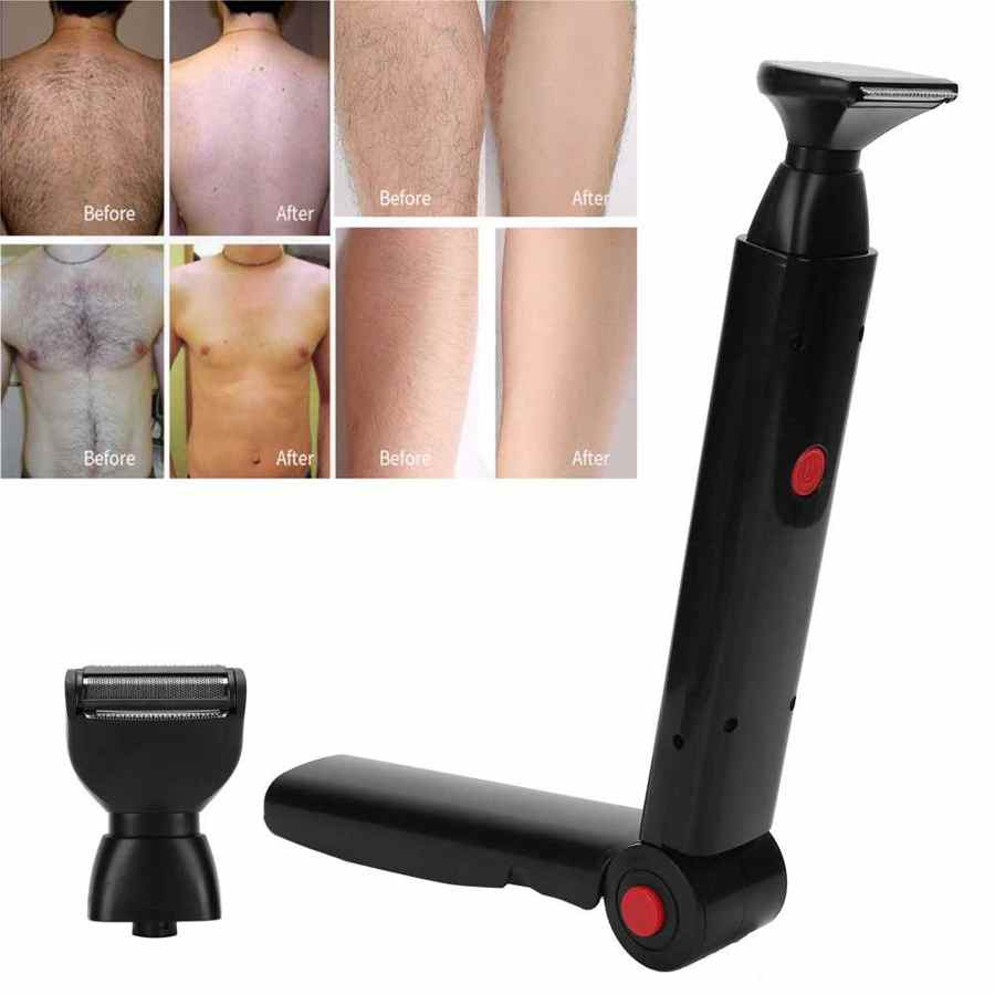 Electric Back Hair Shaver Trimmer - Foldable Handle, USB - Black