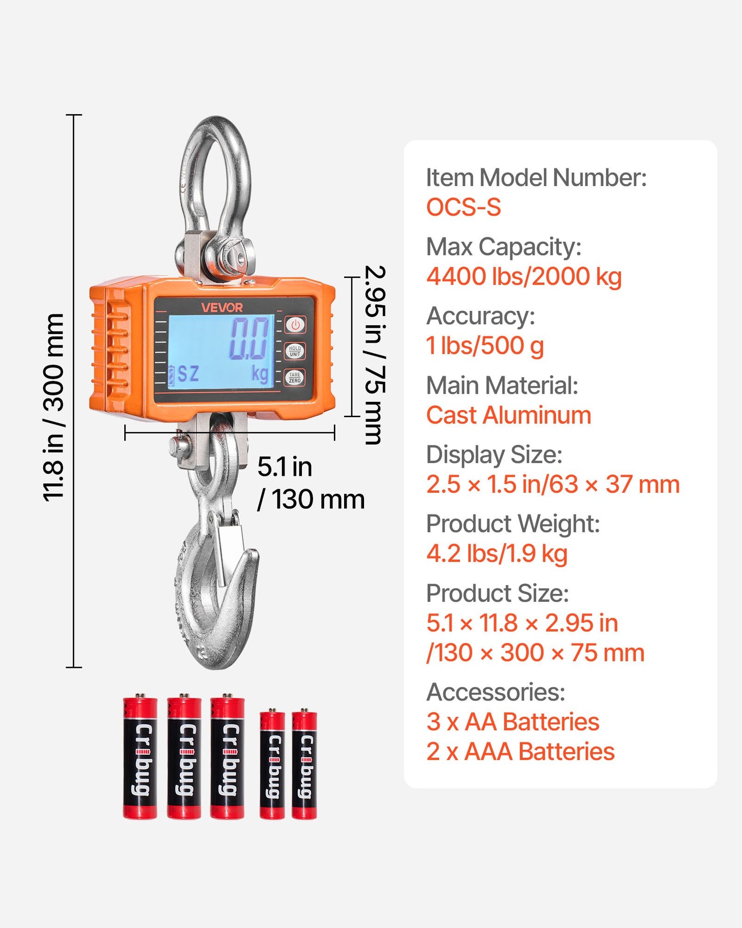 Heavy Duty Digital Crane Scale 4400 Lb/2000 Kg with Remote Control