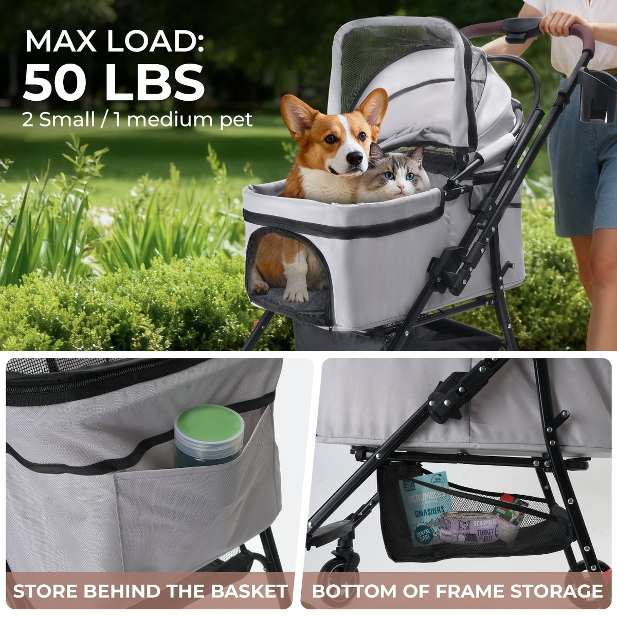 Foldable 4-Wheel Pet Stroller for Small Dogs & Cats - Grey, Travel & Separable Carrier