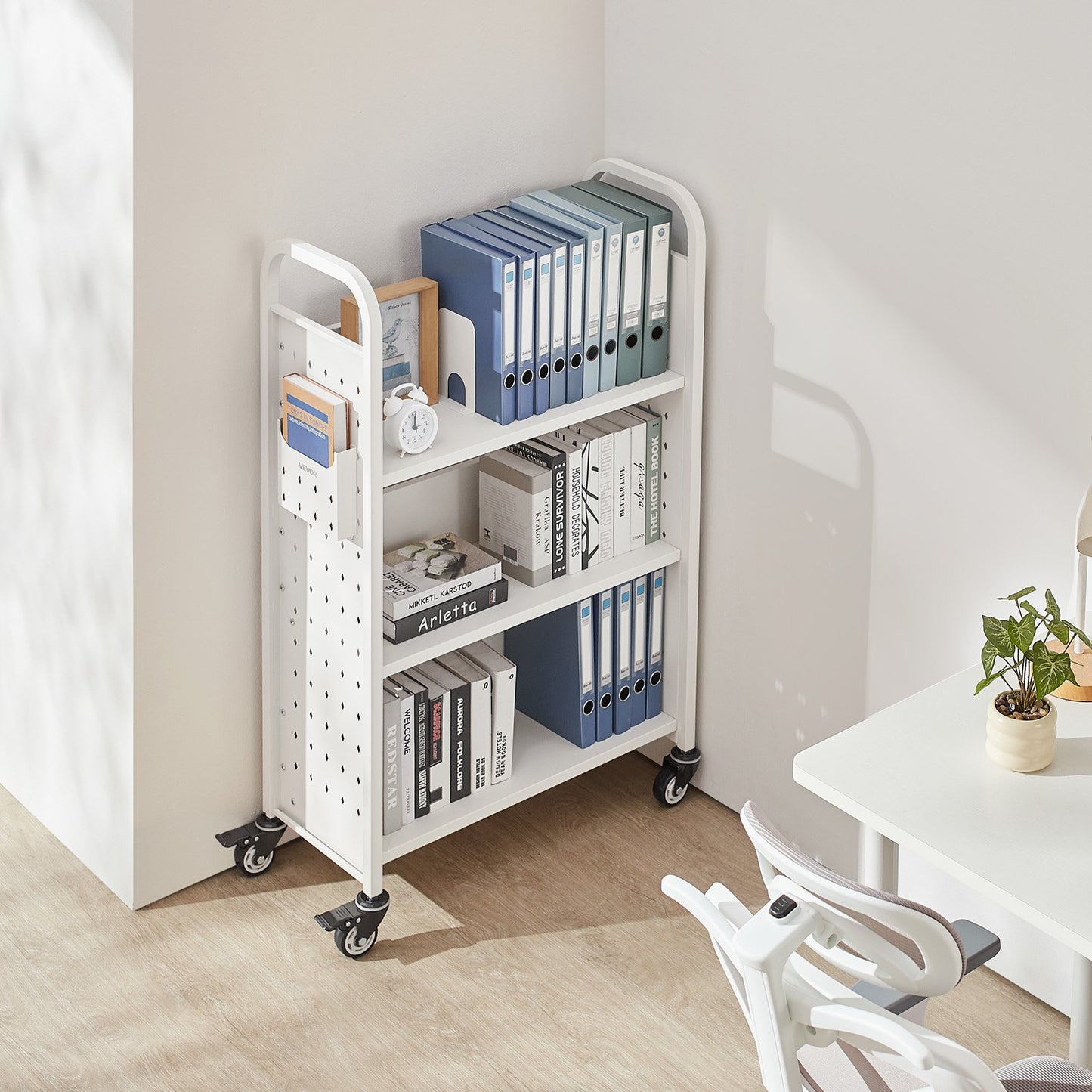 White 3-Tier Rolling Book Cart with Locking Casters - Heavy Duty Storage