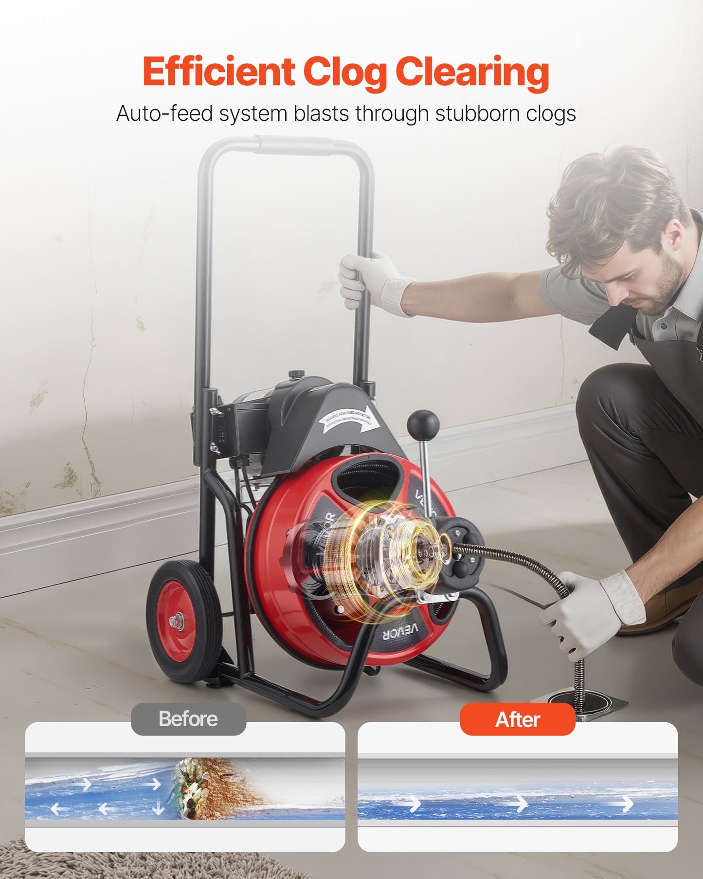 Drain Cleaner Machine 50 FT x 1/2 Inch Sewer Auger with 4 Cutters Portable Auto Feed
