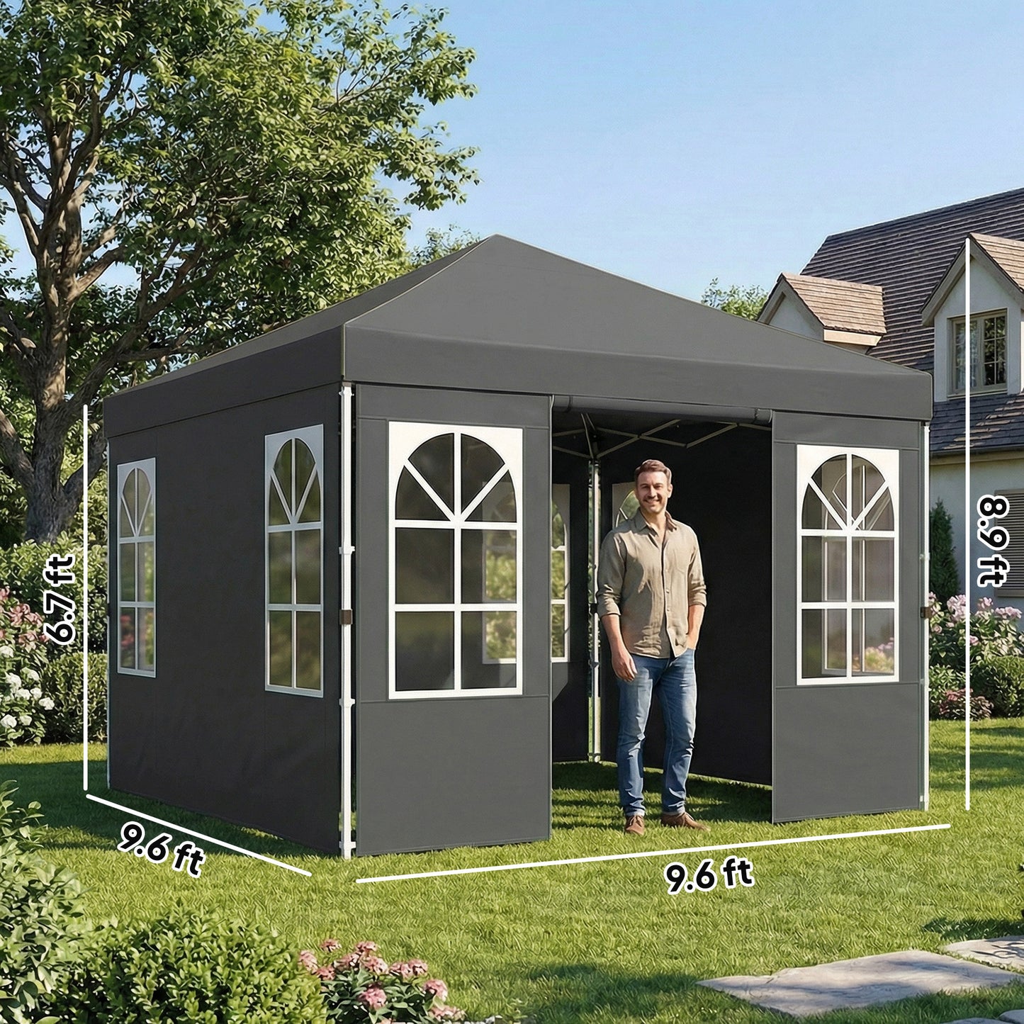 9.6x9.6 ft Pop Up Canopy Tent with UPF 50+ Protection - Dark Gray