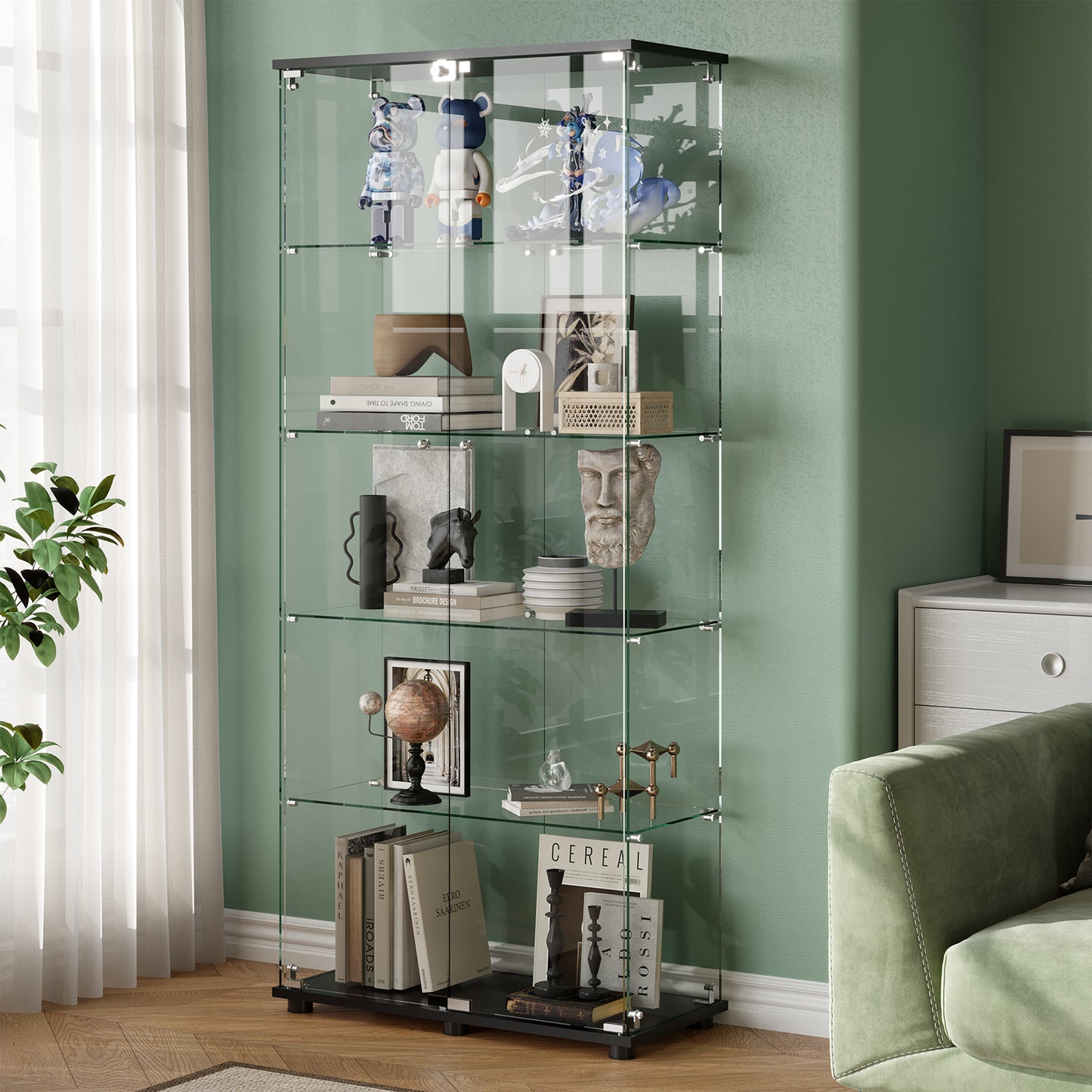 Glass Display Cabinet with 5 Shelves, Double Doors & Lock - Black