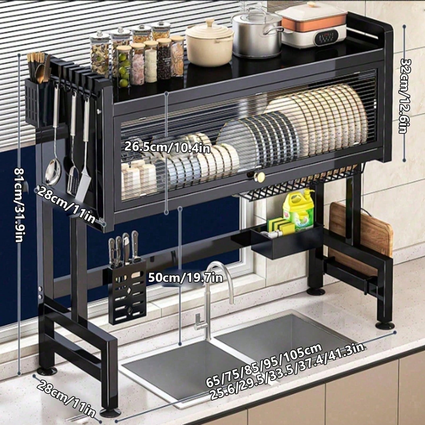 Double Tier Dish Draining Rack with Dustproof Cover - 33.5 Inch